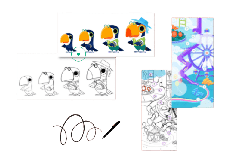 A cartoon character with a bird friend in a whimsical drawing
