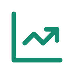 A green line graph icon showing a rising trend. The graph has a grid with a vertical axis on the left and a horizontal axis at the bottom. The line in the graph starts low, has a dip, and then rises at the end with an arrow pointing upward.